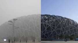 Stadion Bird's Nest di Beijing pada polusi udara (kiri) dan hari langit yang cerah. Foto: Reuters
