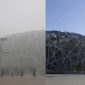 Stadion Bird's Nest di Beijing pada polusi udara (kiri) dan hari langit yang cerah. Foto: Reuters