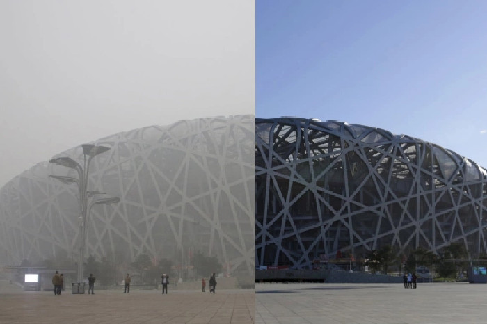 Stadion Bird's Nest di Beijing pada polusi udara (kiri) dan hari langit yang cerah. Foto: Reuters